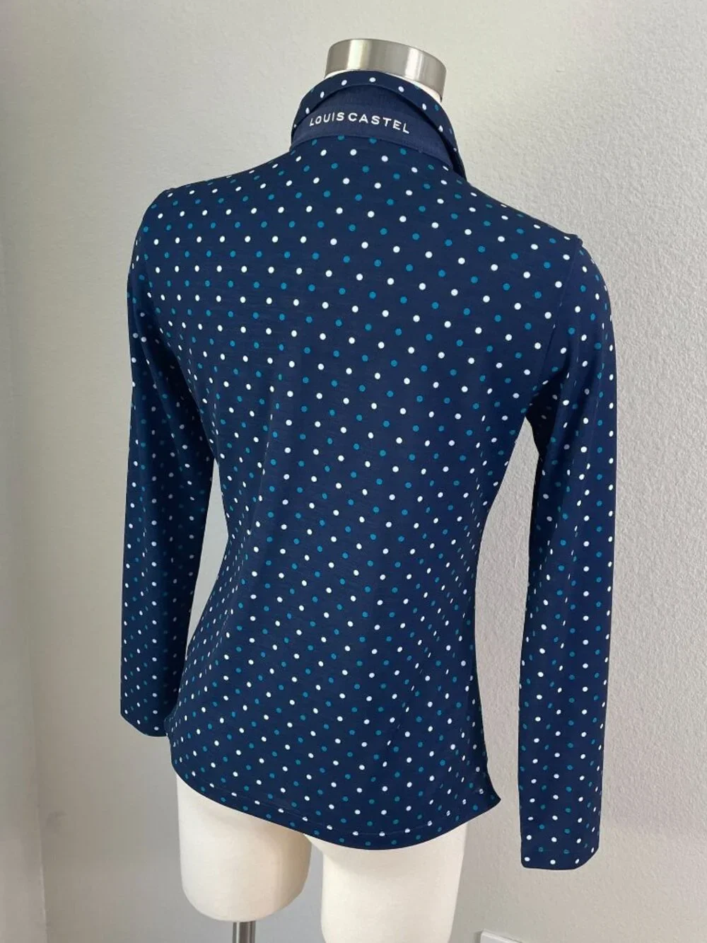Louis Castel Womens 95 US Small Navy Polka Dot‎ Long Sleeve Golf Polo Shirt Top
